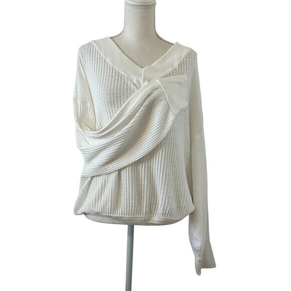 We The Free Waffle Tee Women's Size Large Ivory South Side Tee V-Neck Longline - Picture 1 of 10